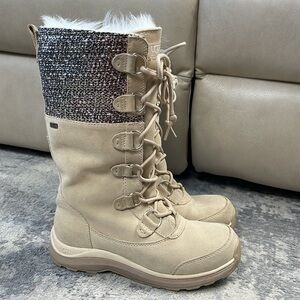 UGG Atlason Frill Cream All weather Waterproof Suede Tall Boots Tweed Fur Sz 7.5